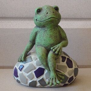 Grasslands Road Sitting Frog on White And Blue Tile Stone Whimsical Home Decor